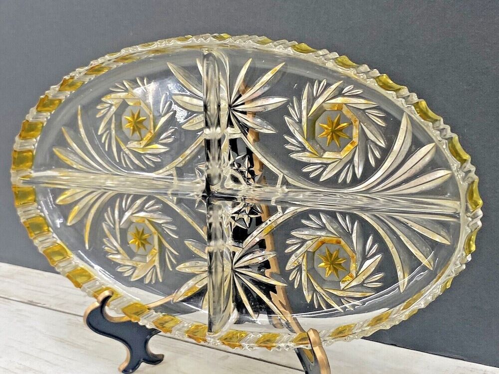 Vintage Mikasa Walther STAR PINWHEEL Oval Divided Tray Clear W/ Yellow Accents